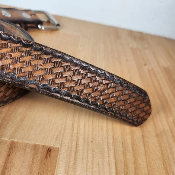 LONGHORN Leather & Buckle Co Men's Belt Size 42  Tooled Western Braid Made USA - Picture 5 of 8